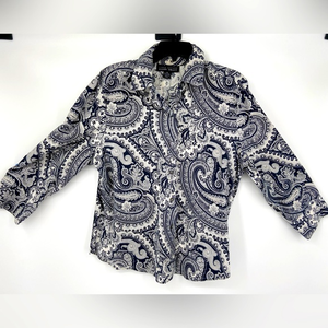 Linda Allard, Ellen Tracy, button Down, paisley pattern blouse, Vintage,size 16‎